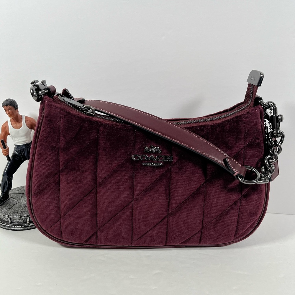 Sold ❌NWT Coach Teri Shoulder Bag Organic Cotton With QuiltingGunmetal/Burgundy